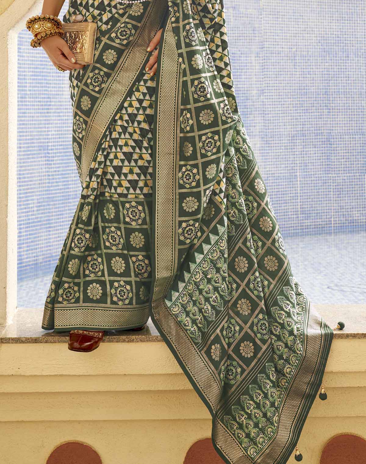 Collection of Attractive Dark Green Soft Silk Saree in a gallery layout