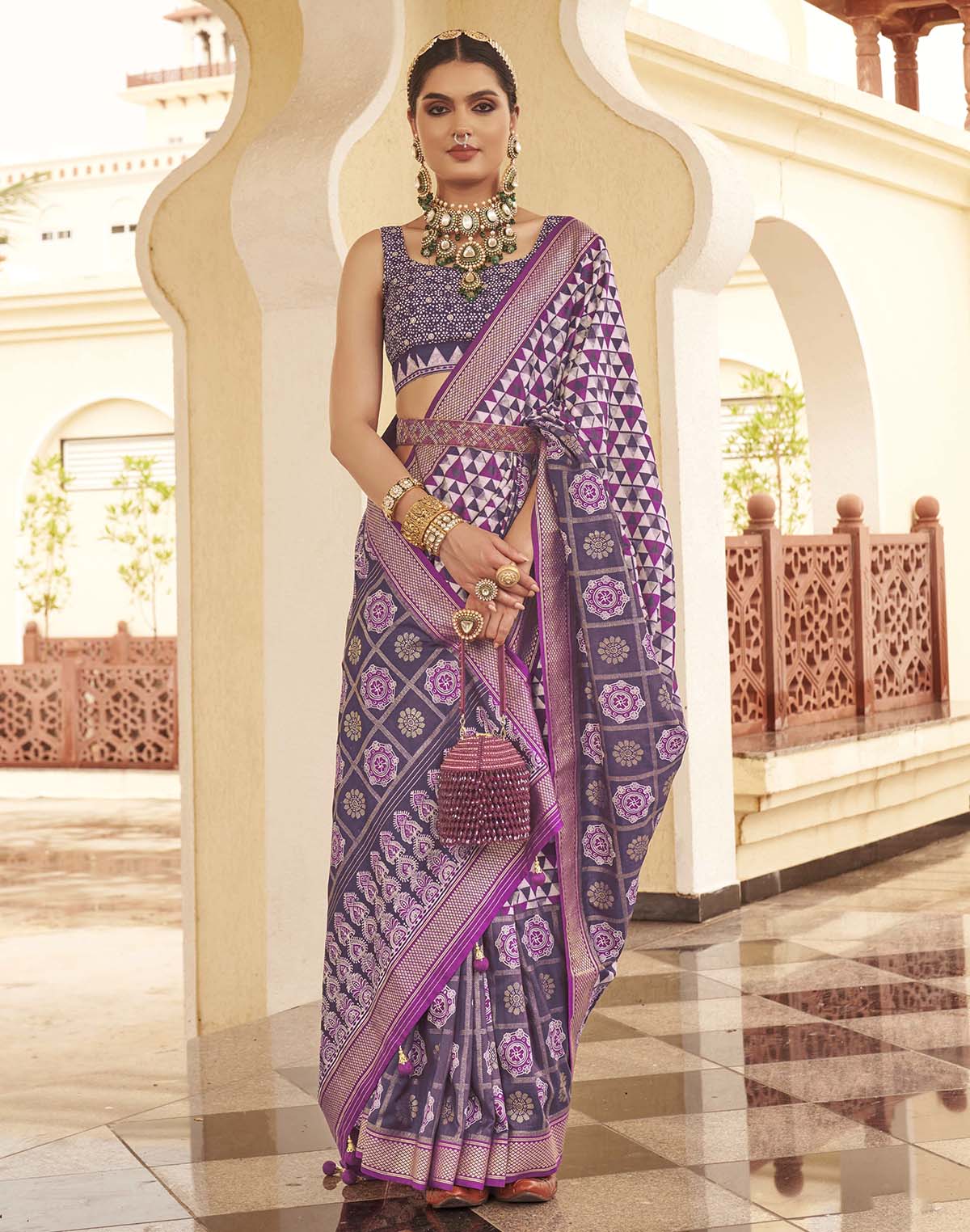 Violet Geometric Print Classic Soft Silk Saree