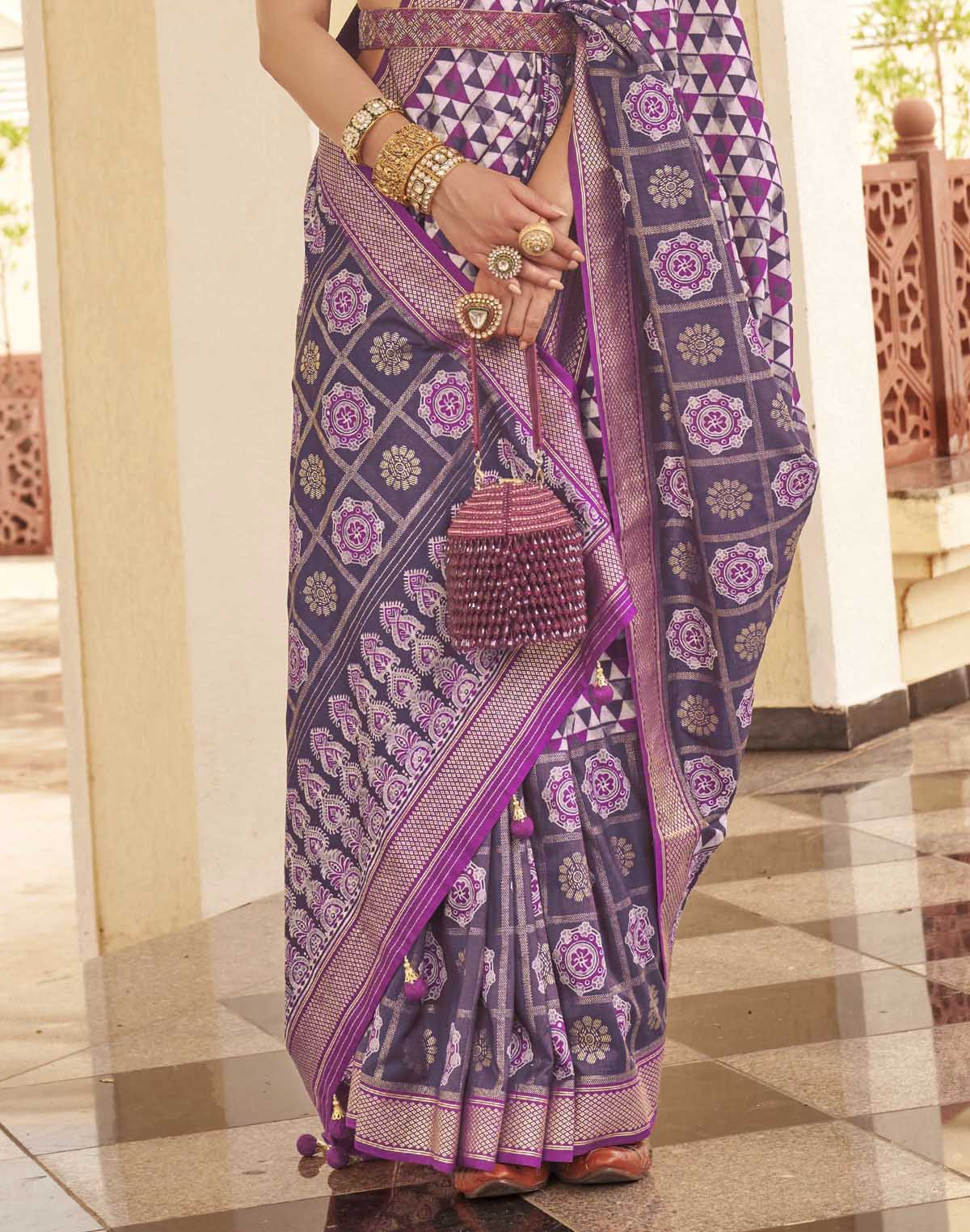 Collection of Violet Geometric Print Classic Soft Silk Saree in a gallery layout