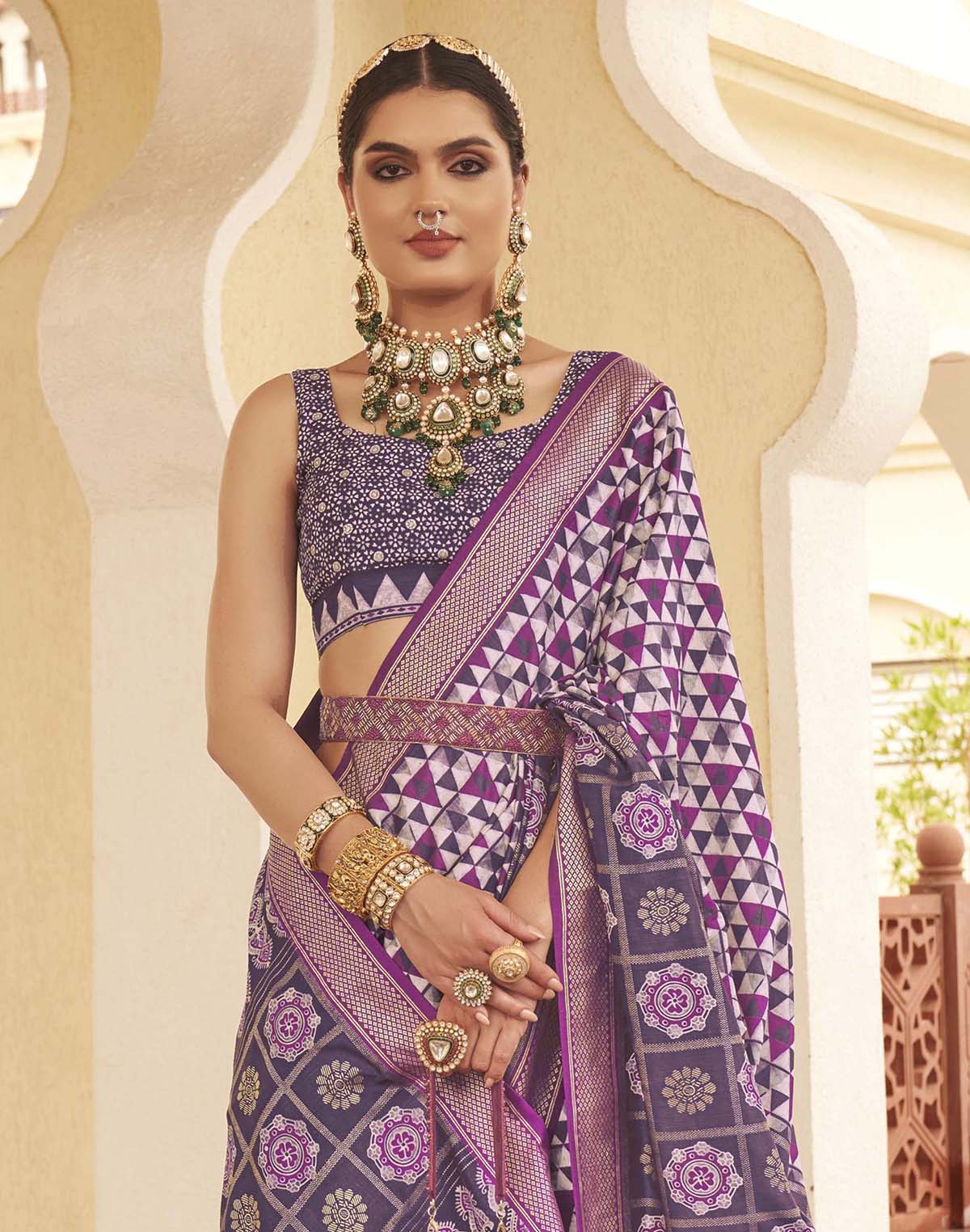 Collection of Violet Geometric Print Classic Soft Silk Saree in a gallery layout