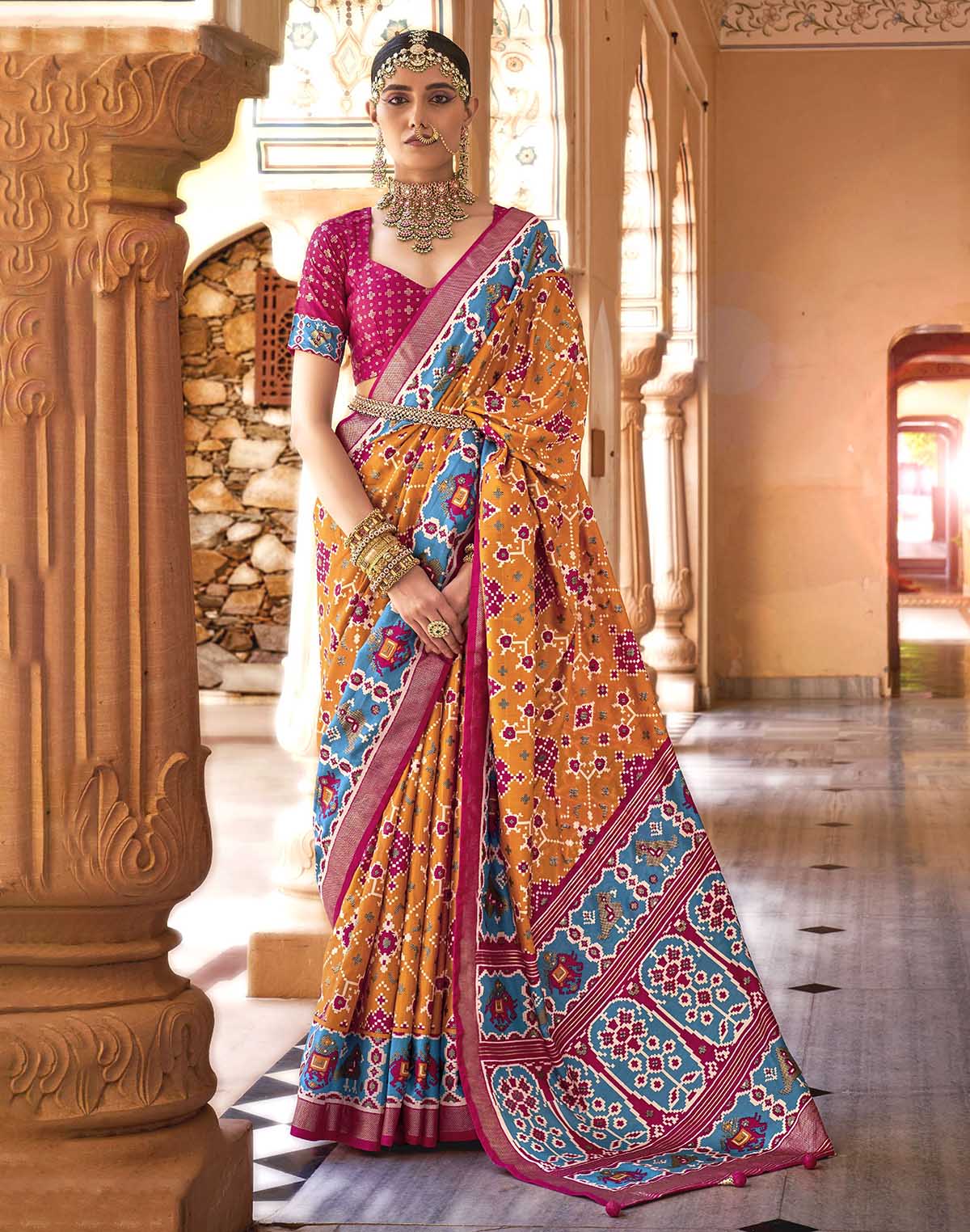 Collection of Mustard and Pink Woven Patola Saree in a gallery layout