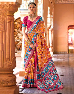 Collection of Mustard and Pink Woven Patola Saree in a gallery layout