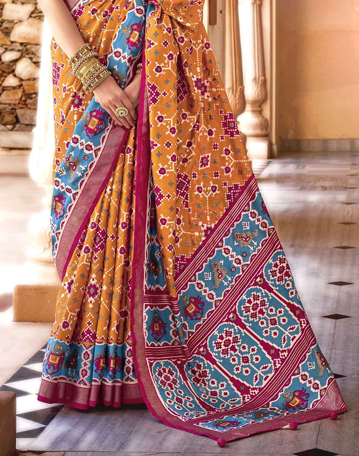 Collection of Mustard and Pink Woven Patola Saree in a gallery layout