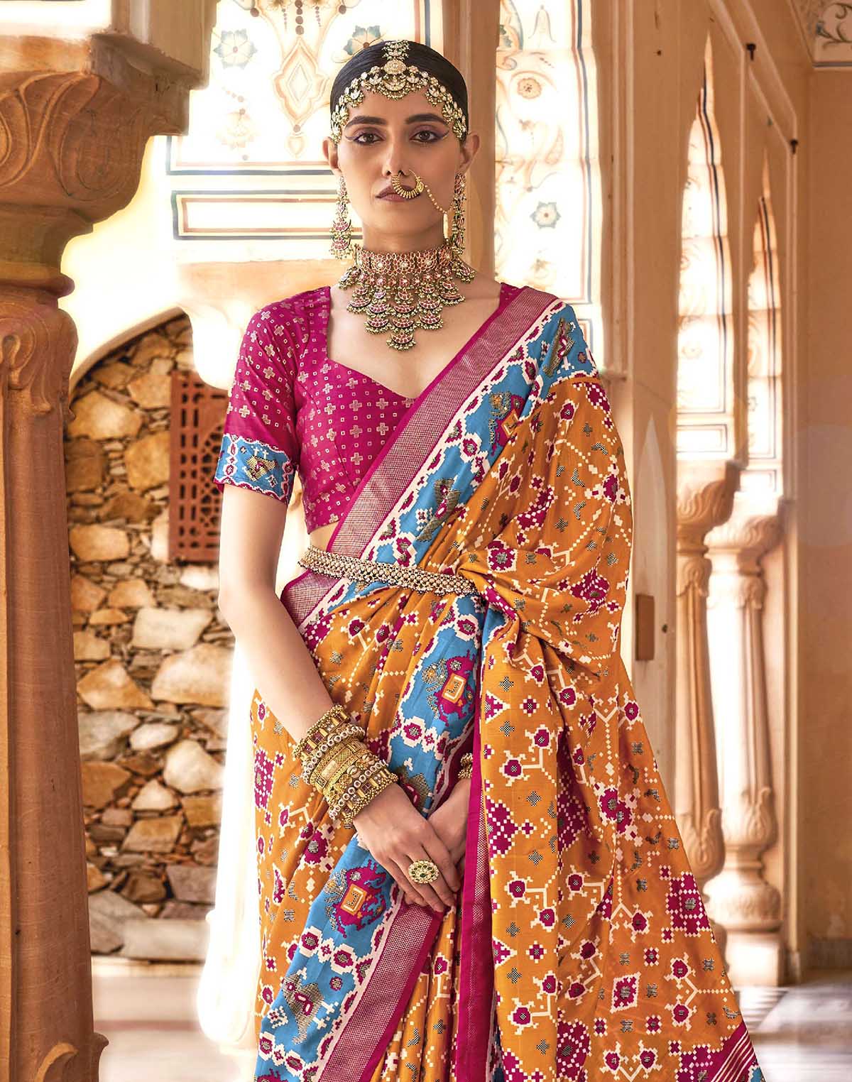 Collection of Mustard and Pink Woven Patola Saree in a gallery layout