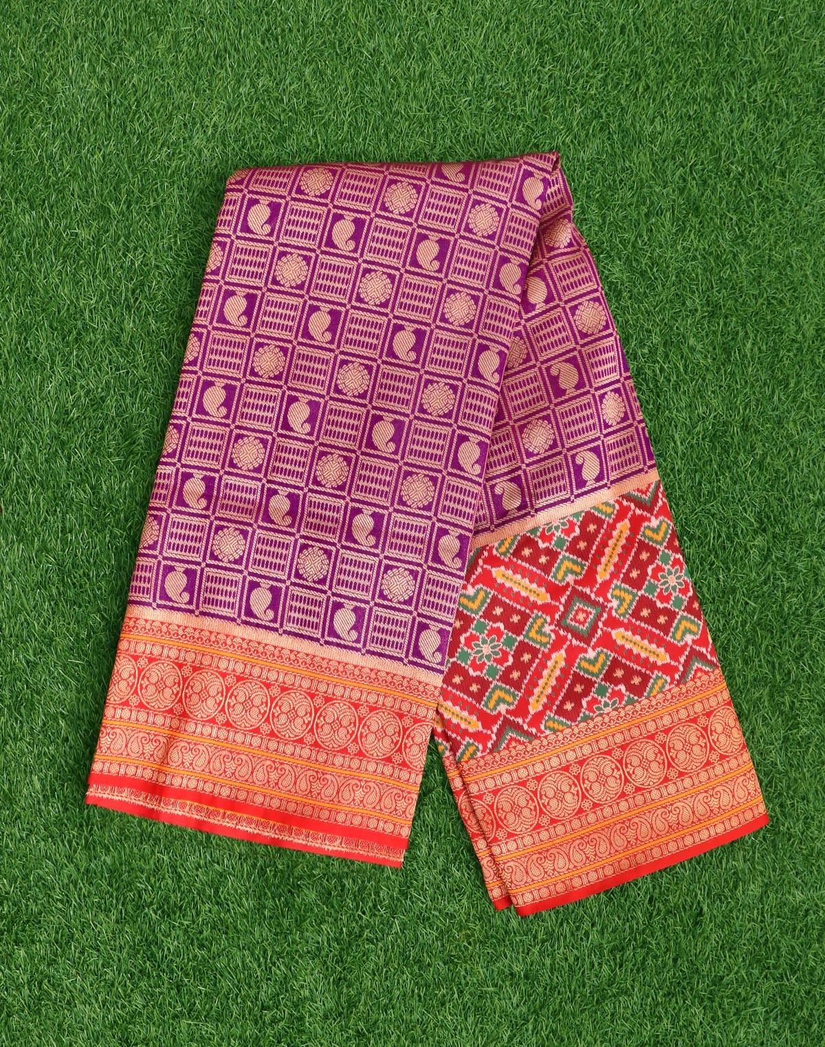 Collection of Magenta Banaras Pochampally Border Saree in a gallery layout