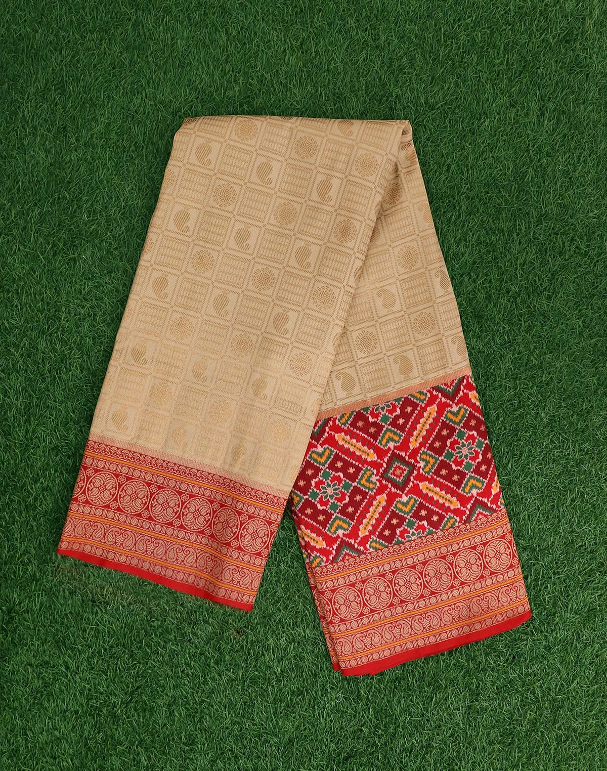 Collection of Cream Checks Pattern Pochampally Border Saree in a gallery layout