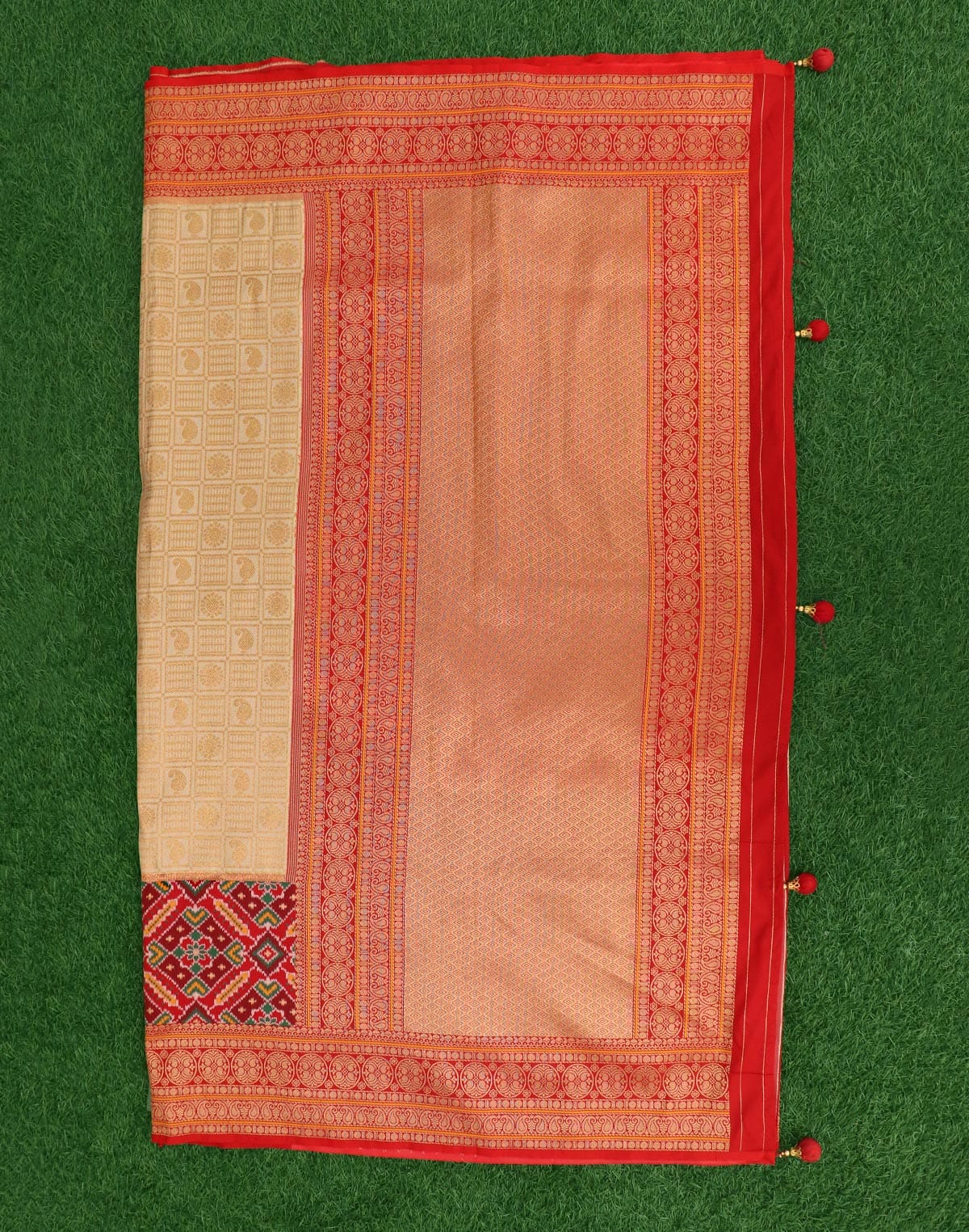 Collection of Cream Checks Pattern Pochampally Border Saree in a gallery layout