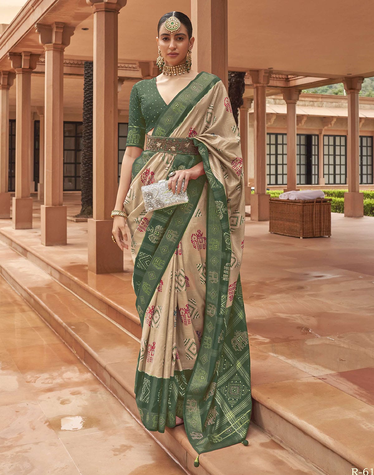 Beige and Green Woven Motis Patola Silk Saree