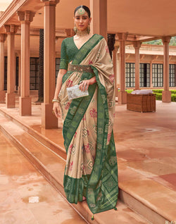 Collection of Beige and Green Woven Motis Patola Silk Saree in a gallery layout