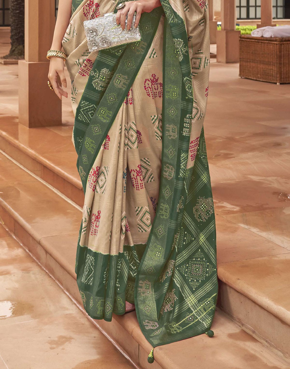 Beige and Green Woven Motis Patola Silk Saree