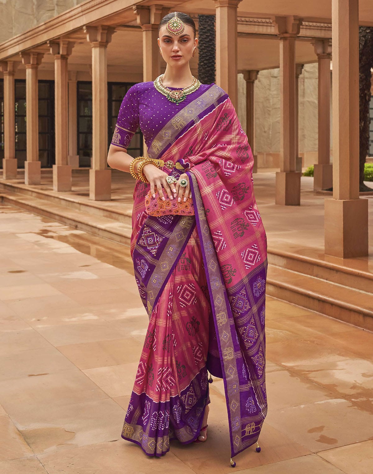 Collection of Peach and Purple Patola Silk Saree in a gallery layout