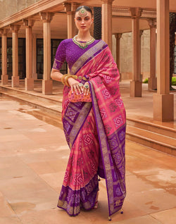 Collection of Peach and Purple Patola Silk Saree in a gallery layout