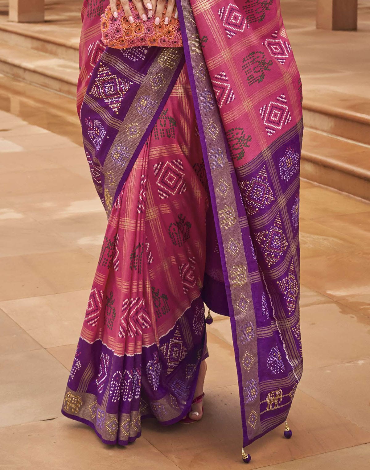 Collection of Peach and Purple Patola Silk Saree in a gallery layout