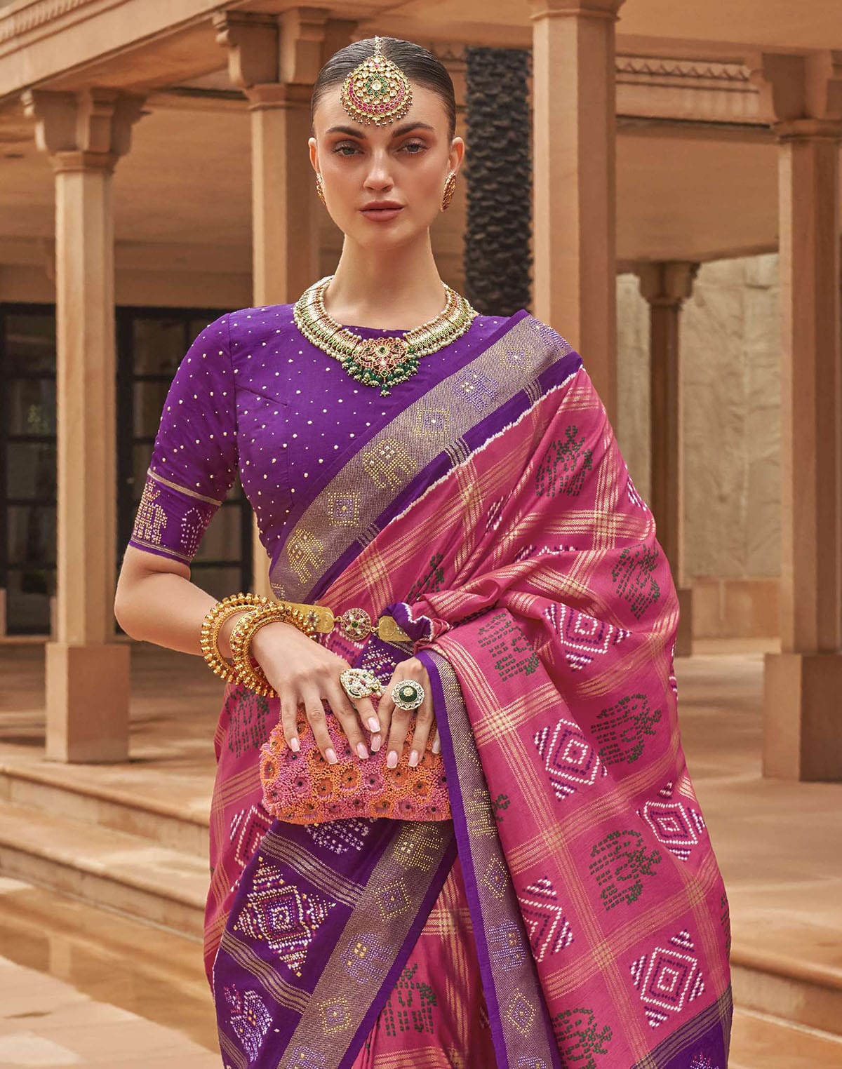 Collection of Peach and Purple Patola Silk Saree in a gallery layout