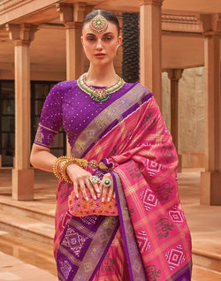 Collection of Peach and Purple Patola Silk Saree in a gallery layout