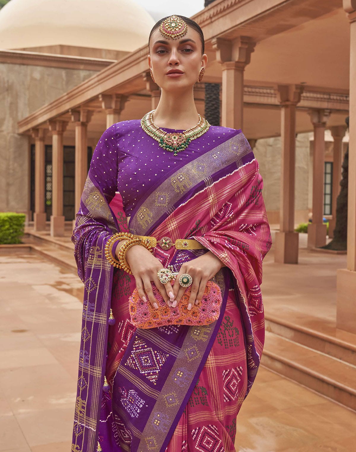 Collection of Peach and Purple Patola Silk Saree in a gallery layout