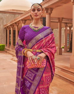 Collection of Peach and Purple Patola Silk Saree in a gallery layout