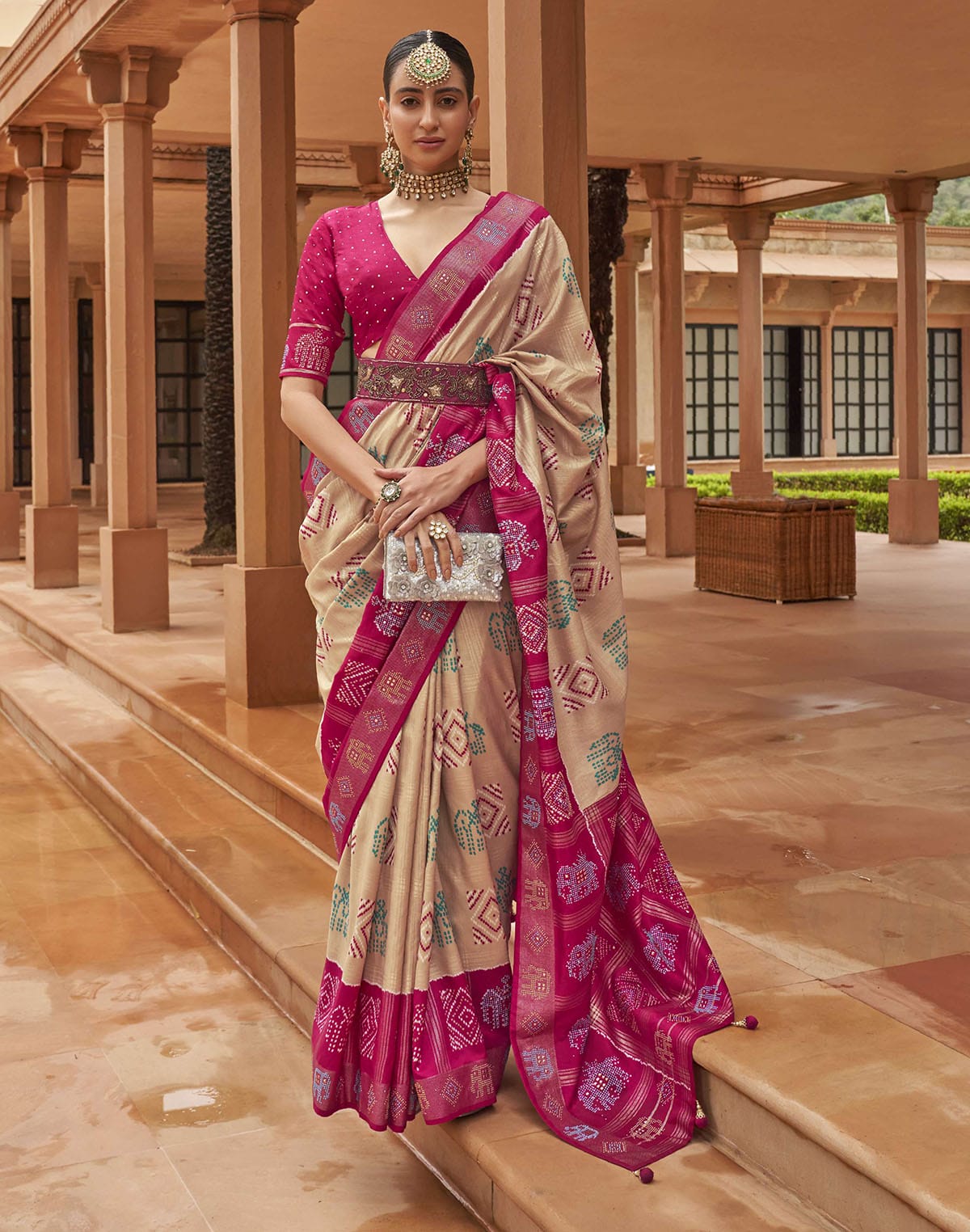 Collection of Beige and Magenta Woven Patola Silk Saree in a gallery layout