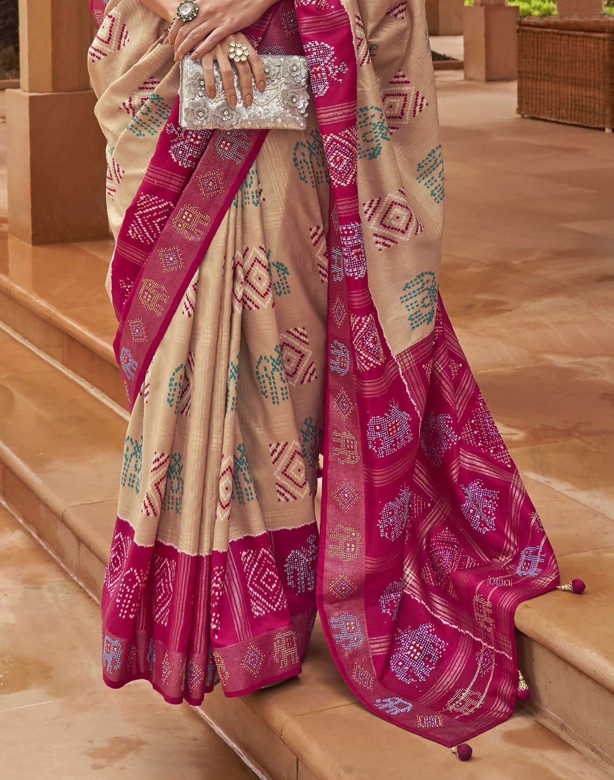 Collection of Beige and Magenta Woven Patola Silk Saree in a gallery layout