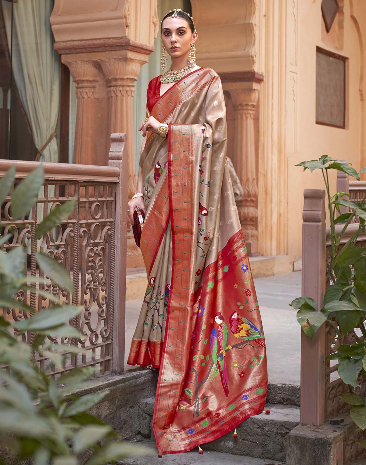 Collection of Cream and Red Paithani Soft Banaras Saree in a gallery layout