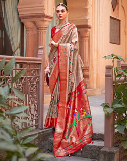 Collection of Cream and Red Paithani Soft Banaras Saree in a gallery layout