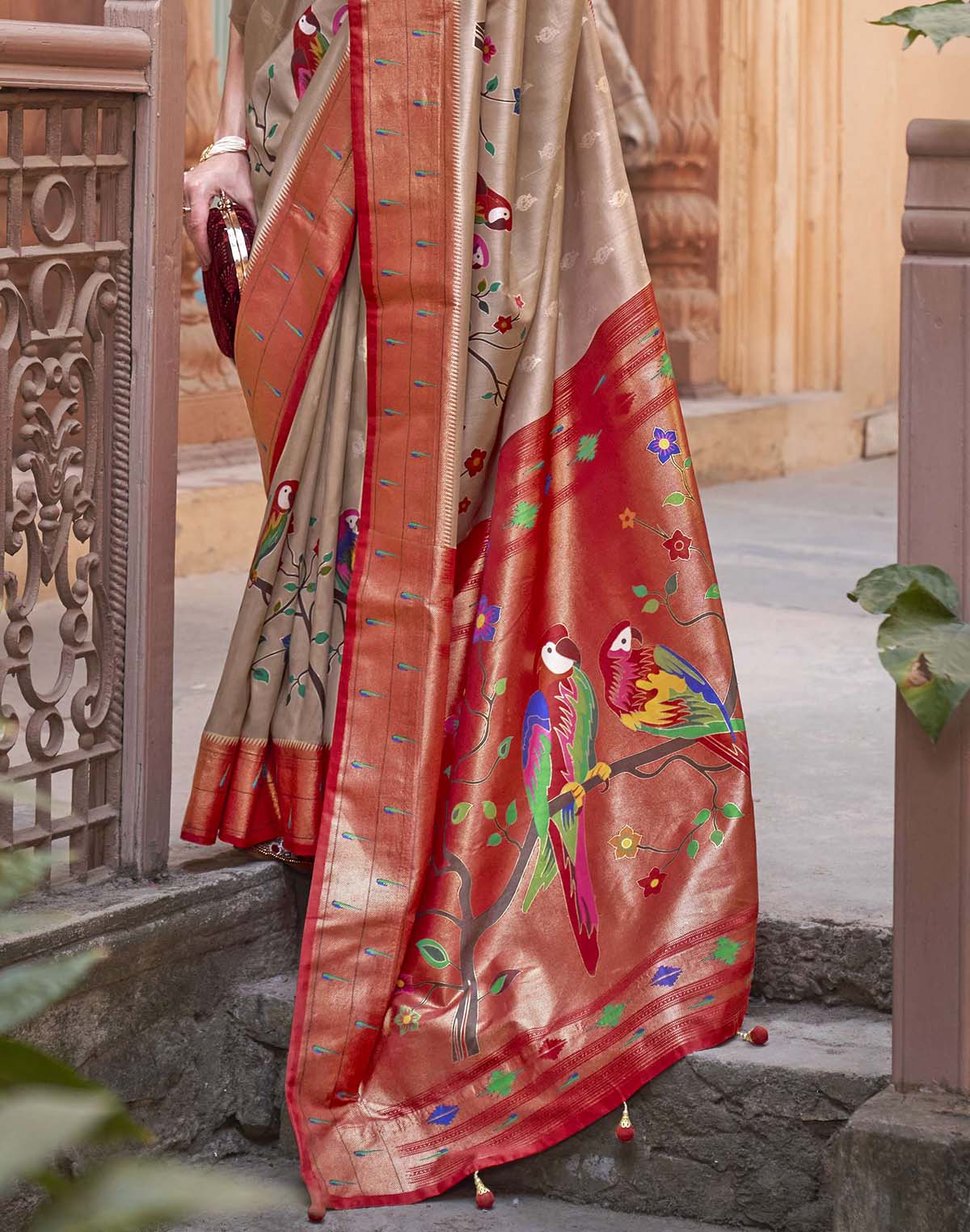 Collection of Cream and Red Paithani Soft Banaras Saree in a gallery layout