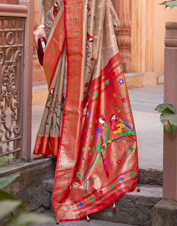 Collection of Cream and Red Paithani Soft Banaras Saree in a gallery layout