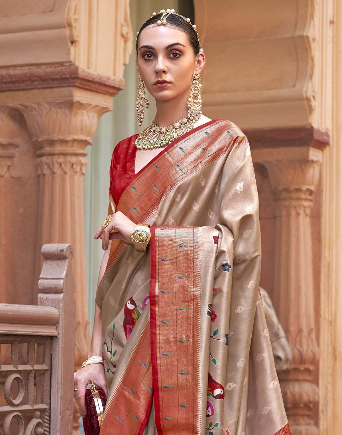 Collection of Cream and Red Paithani Soft Banaras Saree in a gallery layout