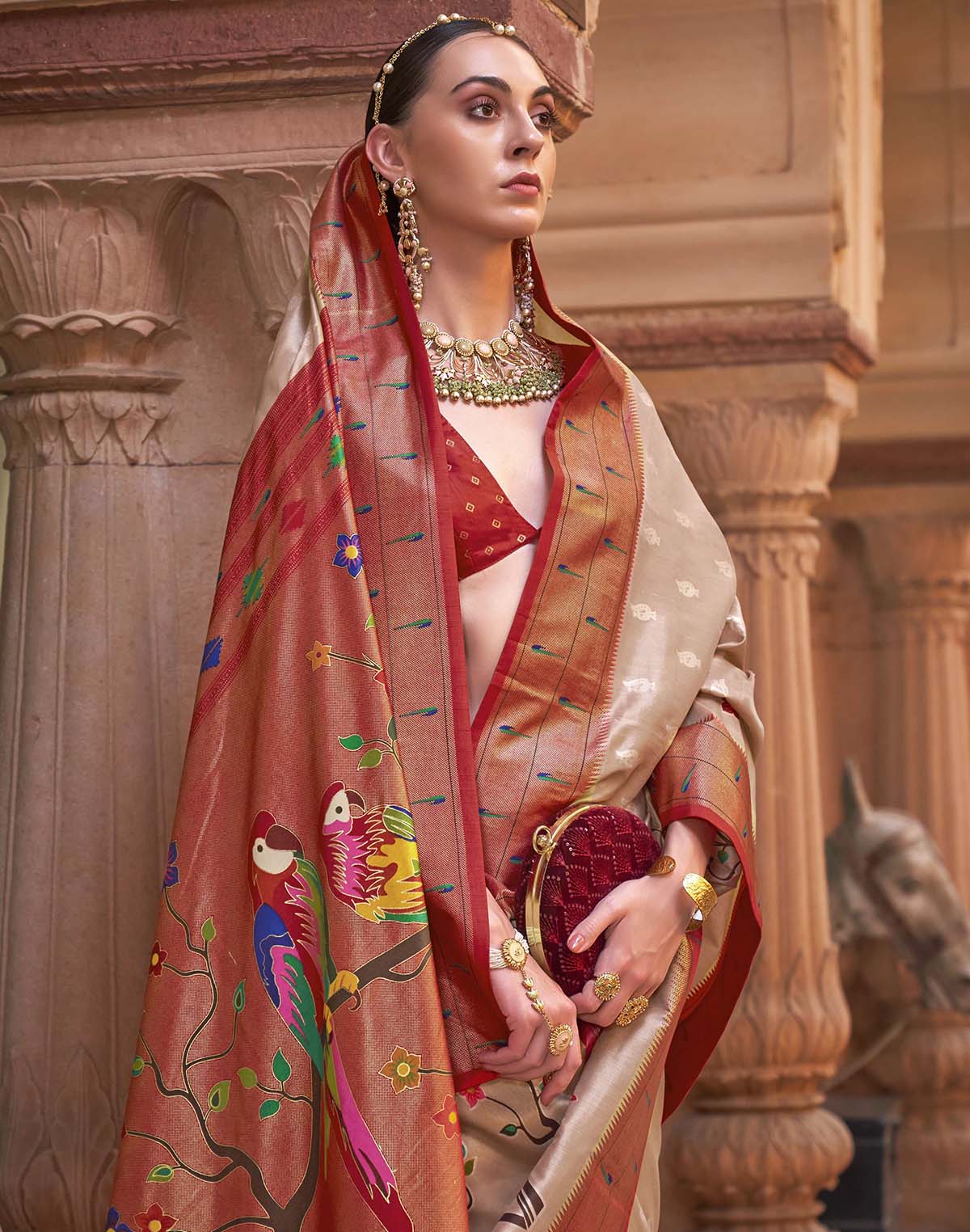 Cream and Red Paithani Soft Banaras Saree