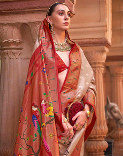 Collection of Cream and Red Paithani Soft Banaras Saree in a gallery layout