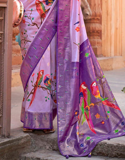 Collection of Voilet Paithani Soft Banaras Silk Saree in a gallery layout