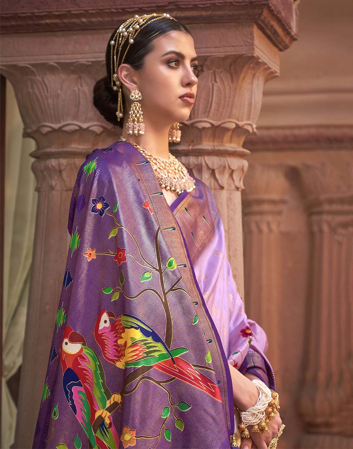 Collection of Voilet Paithani Soft Banaras Silk Saree in a gallery layout