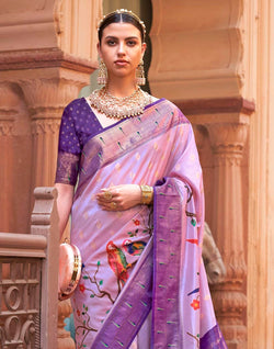 Collection of Voilet Paithani Soft Banaras Silk Saree in a gallery layout