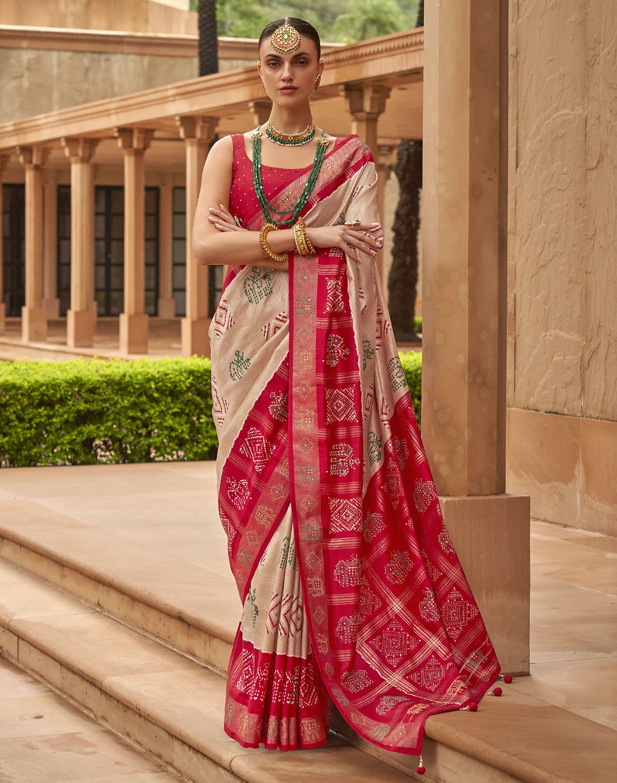 Cream Coloured Patola Silk Mirror work Saree