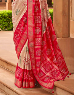 Collection of Cream Coloured Patola Silk Mirror work Saree in a gallery layout