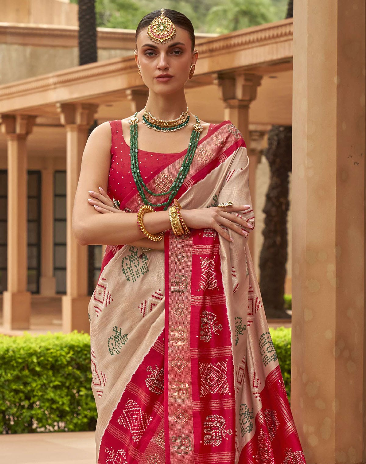 Collection of Cream Coloured Patola Silk Mirror work Saree in a gallery layout