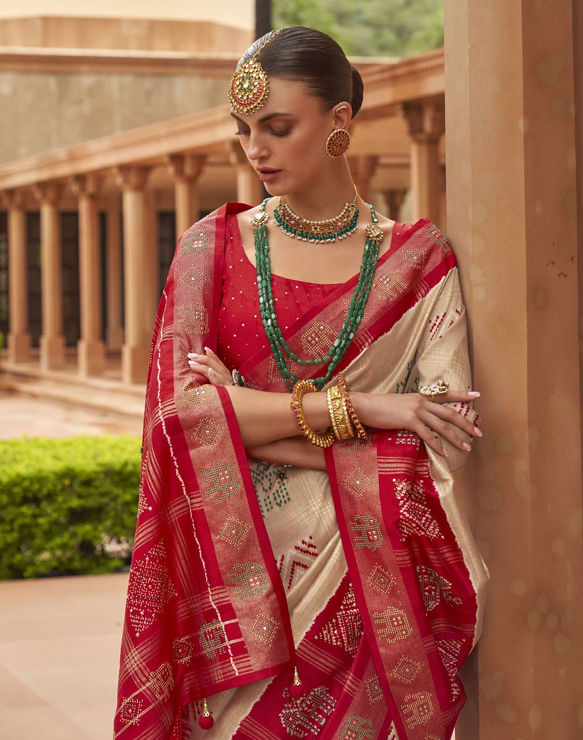 Cream Coloured Patola Silk Mirror work Saree