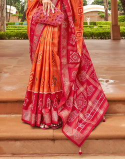 Collection of Orange Patola Silk Contrast Border Saree in a gallery layout