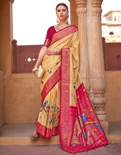 Collection of Light Yellow Paithani Banars Soft Saree in a gallery layout