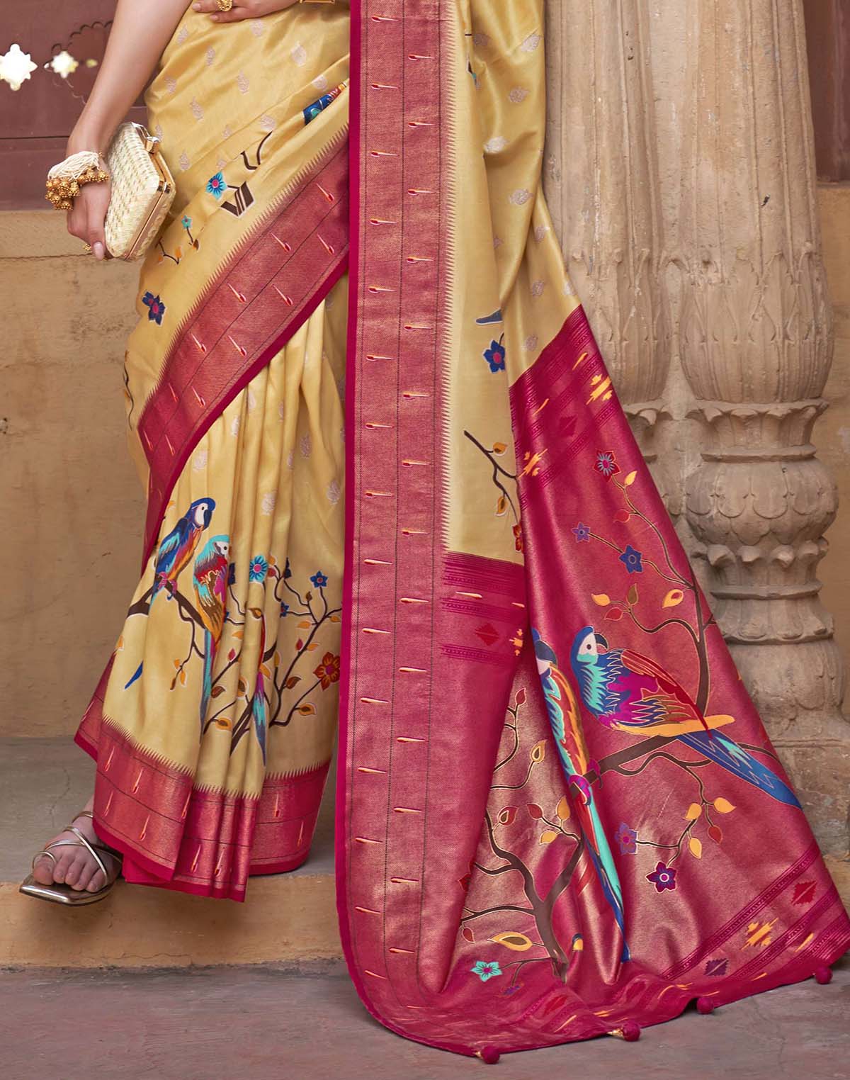 Collection of Light Yellow Paithani Banars Soft Saree in a gallery layout