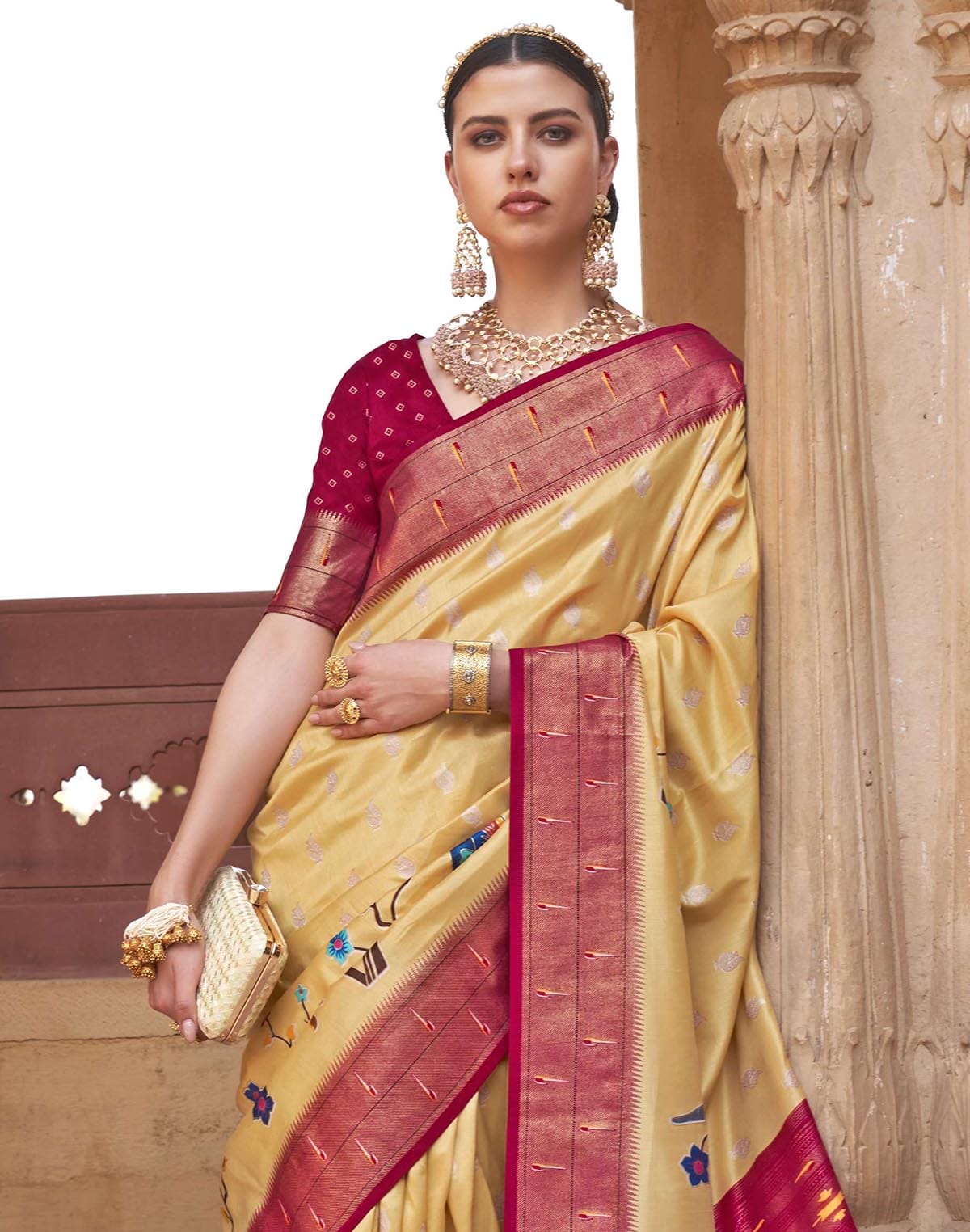 Collection of Light Yellow Paithani Banars Soft Saree in a gallery layout