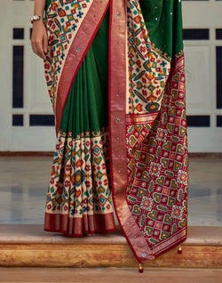 Collection of Dark Green Mirror work Patola Silk Designer Saree in a gallery layout