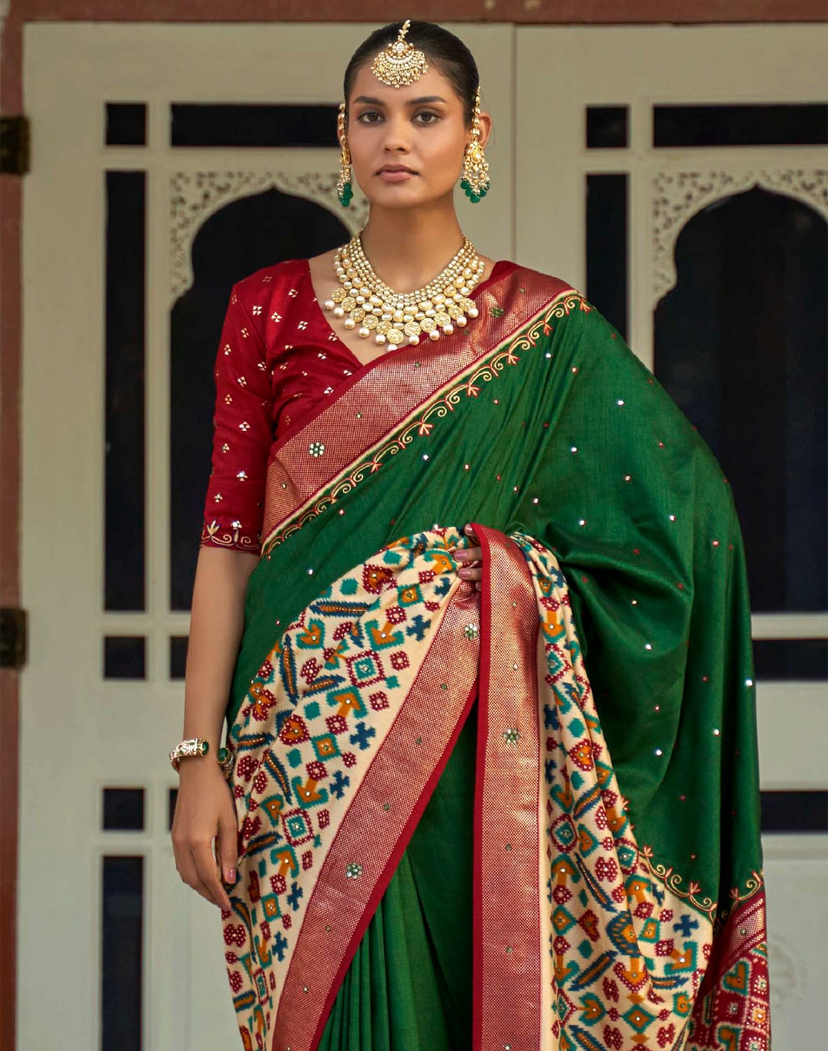 Dark Green Mirror work Patola Silk Designer Saree