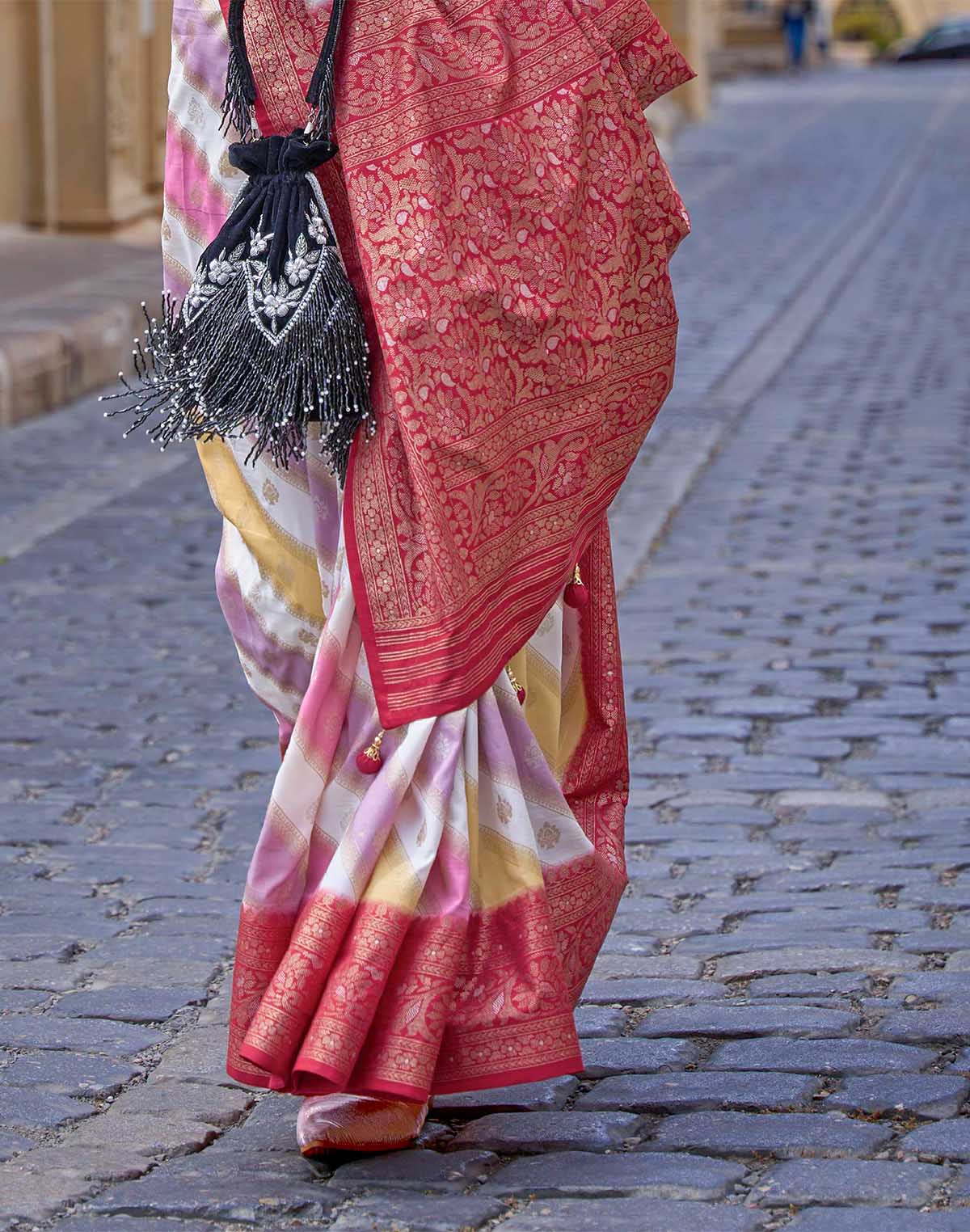 Collection of Carmine Red Soft Banaras Georgette Saree in a gallery layout