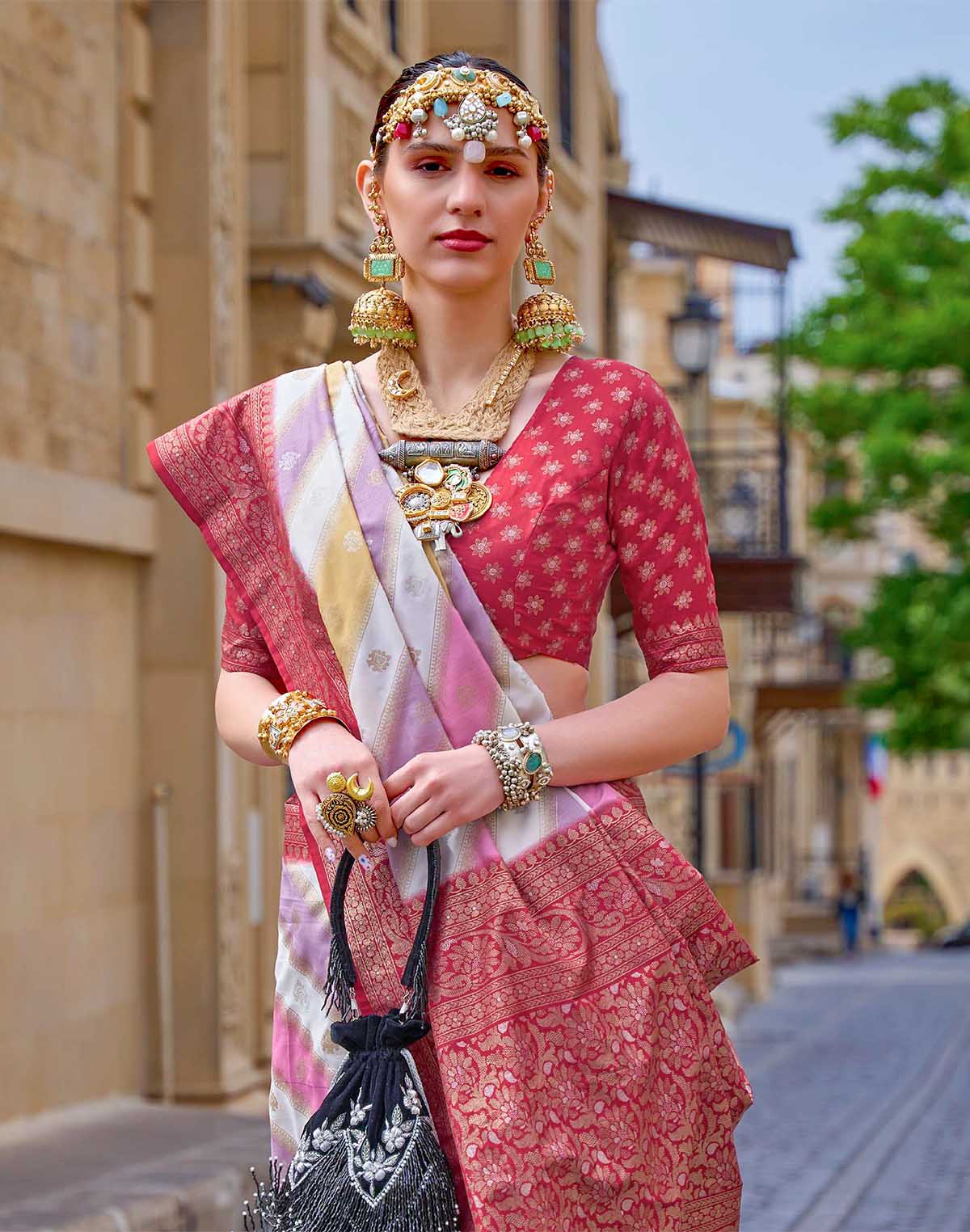 Collection of Carmine Red Soft Banaras Georgette Saree in a gallery layout