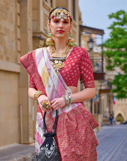 Collection of Carmine Red Soft Banaras Georgette Saree in a gallery layout