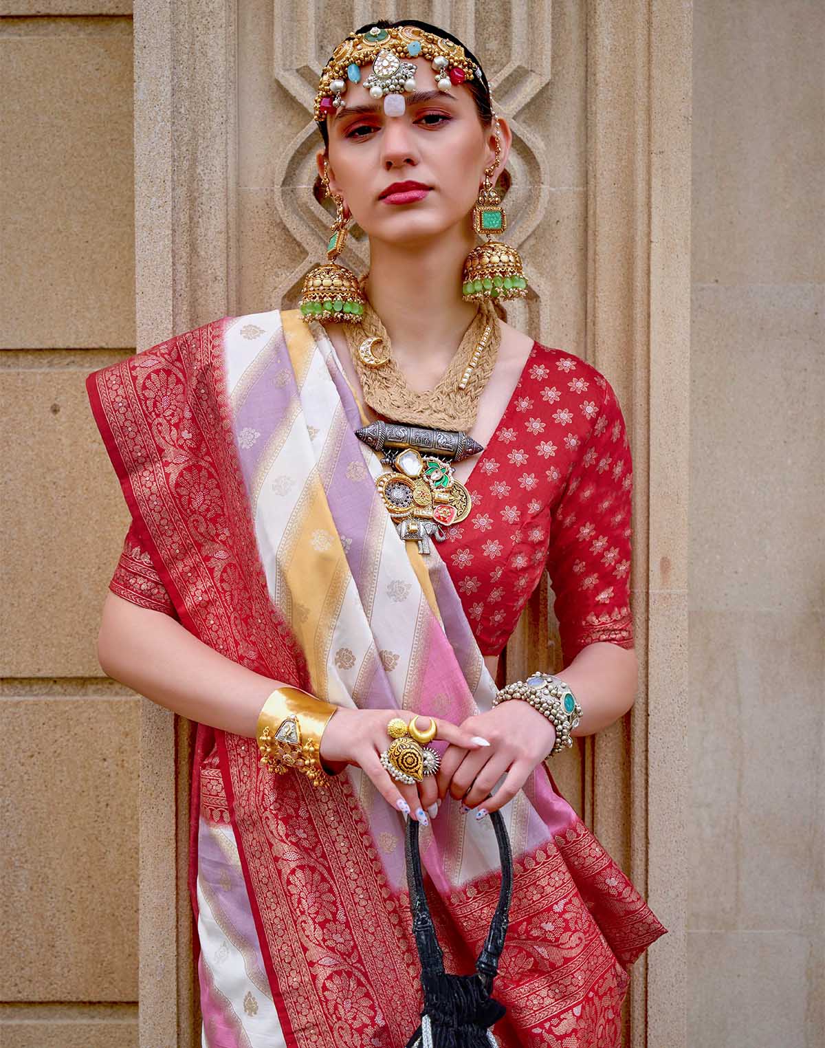 Collection of Carmine Red Soft Banaras Georgette Saree in a gallery layout