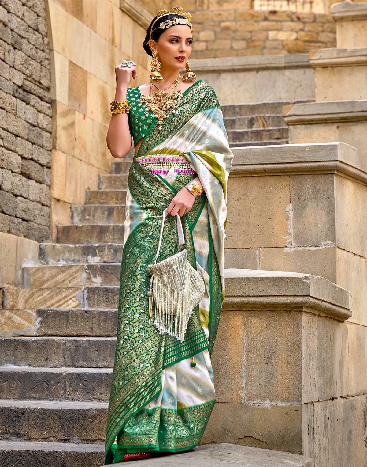 Collection of Light Green Banaras Georgette Party Wear Saree in a gallery layout