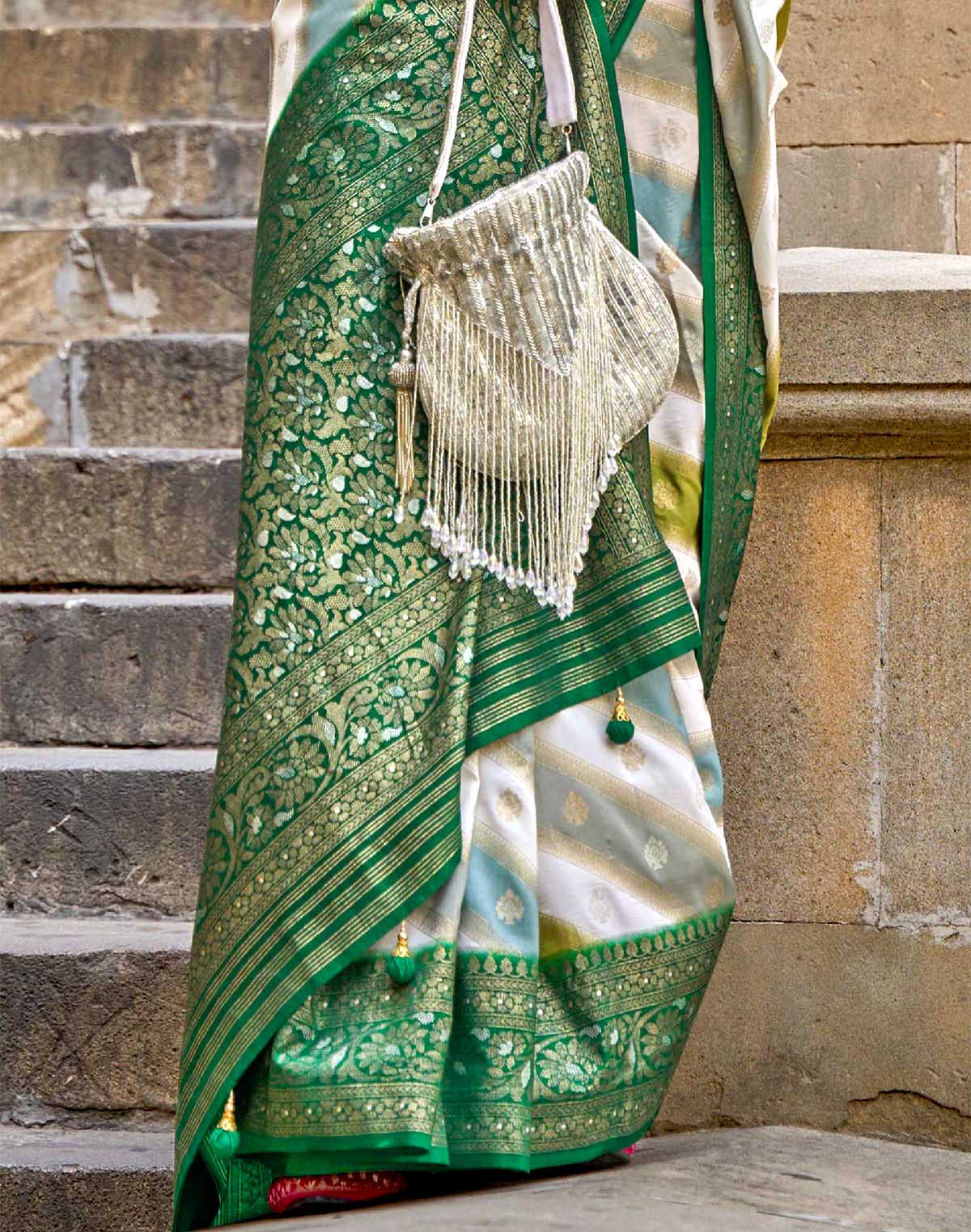 Collection of Light Green Banaras Georgette Party Wear Saree in a gallery layout