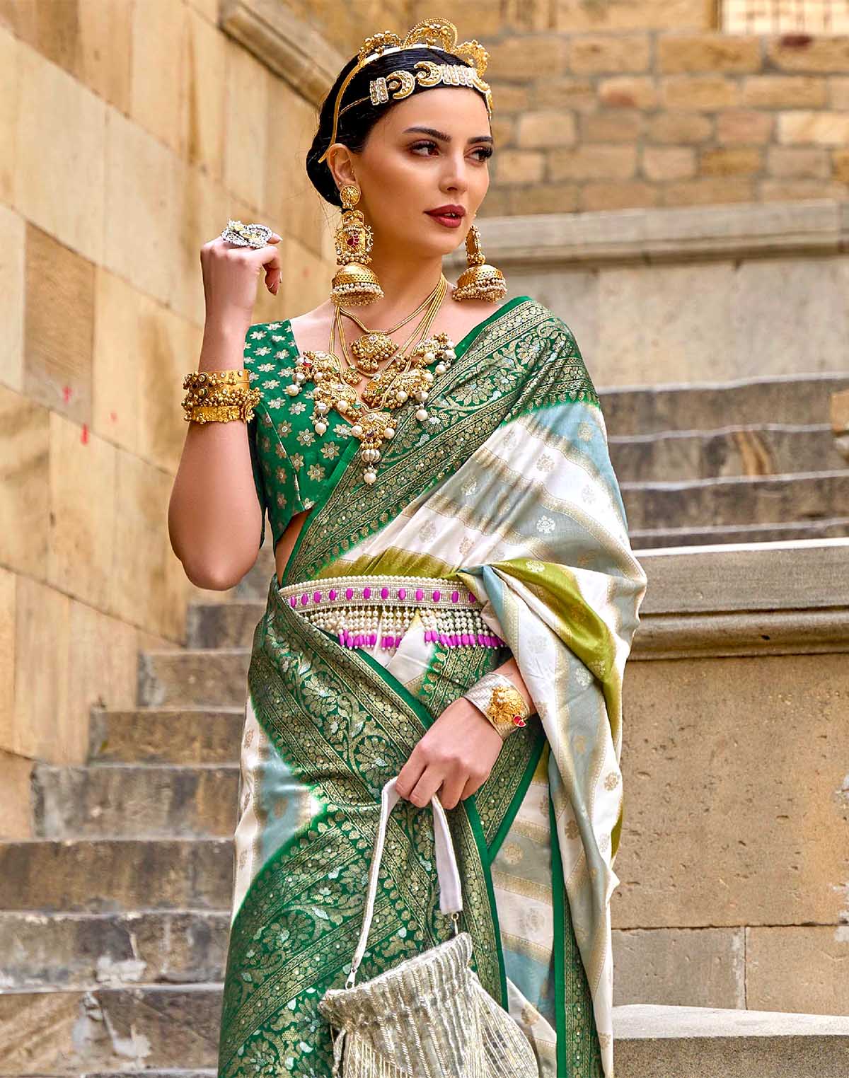 Collection of Light Green Banaras Georgette Party Wear Saree in a gallery layout